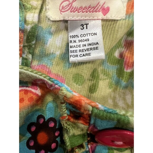 Sweetdil Girls dress Size 3T Green Floral Corduroy Buttons Ties In Back Retro - Picture 5 of 8